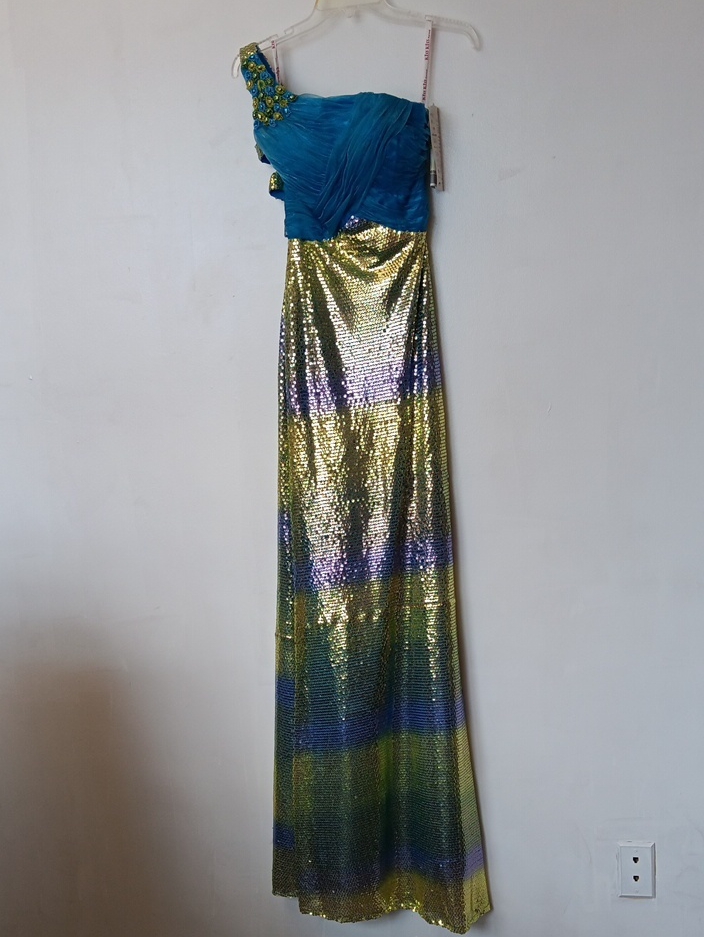 Blue And Gold One-Shoulder Sequin Evening Gown